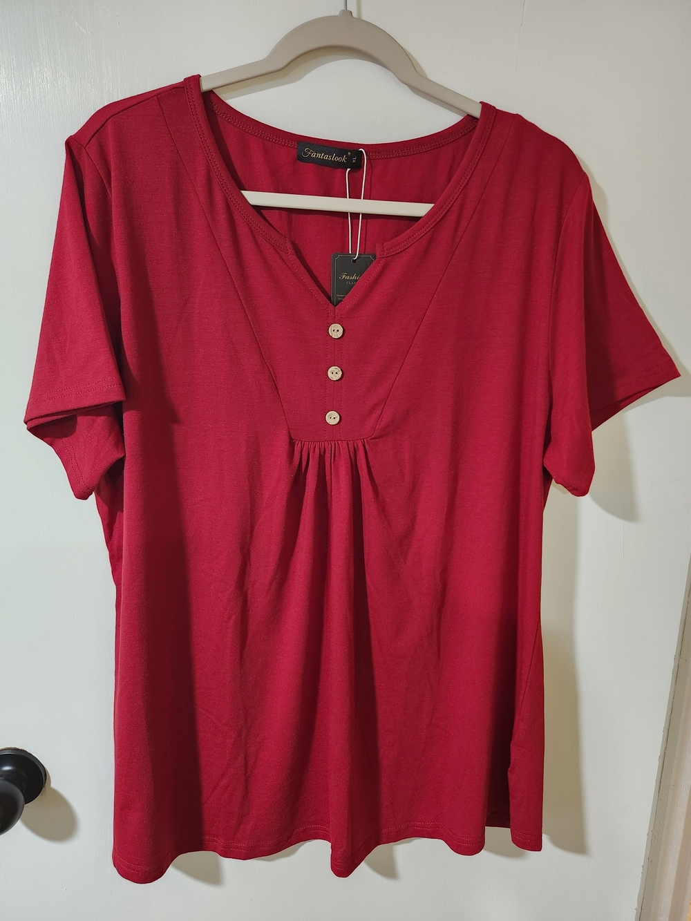 Red Short-Sleeve V-Neck Button Front Tee